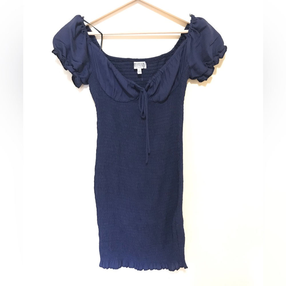 Navy Blue Shirred Bodycon Mini Dress